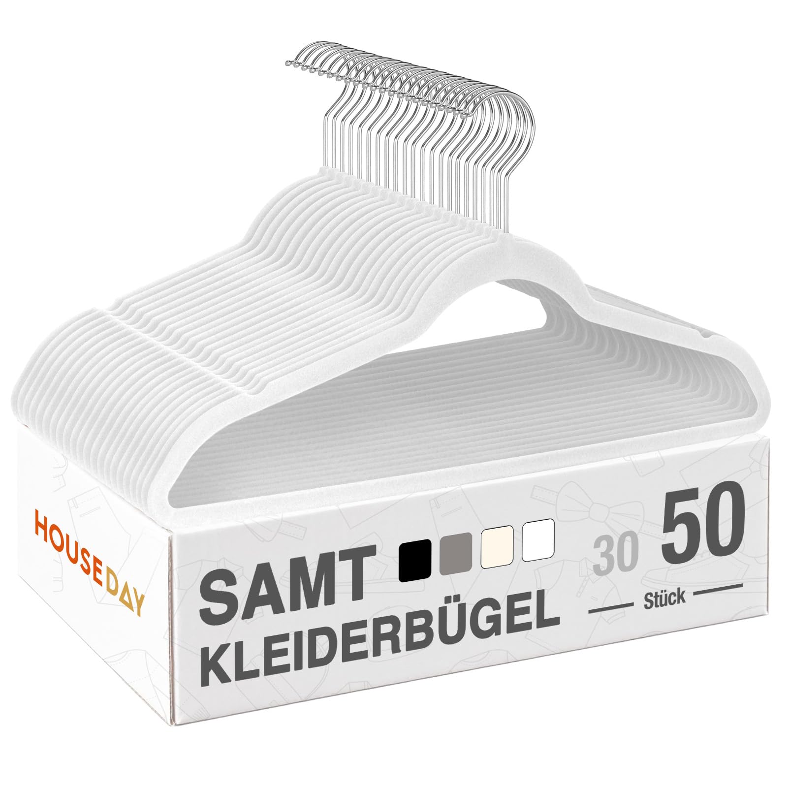 HOUSE DAY Kleiderbügel Samt 50er Set, Kleiderbügel Platzsparend, Bügel rutschfest und Samtbügel Schmal mit 360° Drehbarer Haken, für Hemden, Anzüge, Mäntel, Pullover, Hosen, Weiß