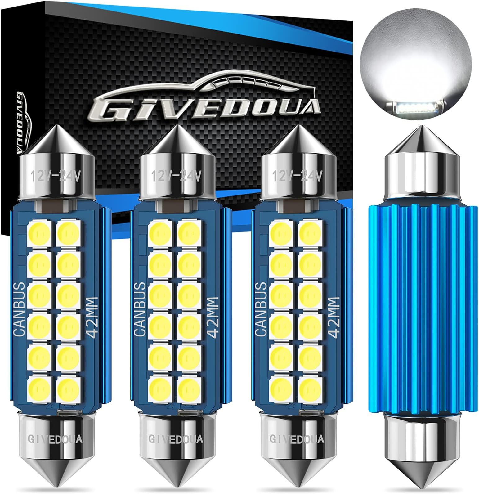 GIVEDOUA 578 Led Bulb 211-1 211-2 41mm 42mm 1.63” Led Bulb, Super Bright 12V 24V CANBUS Error Free Led Bulb For Interior Dome Light Map Light License Plate Lights Courtesy Light 6500K White Pack of 4