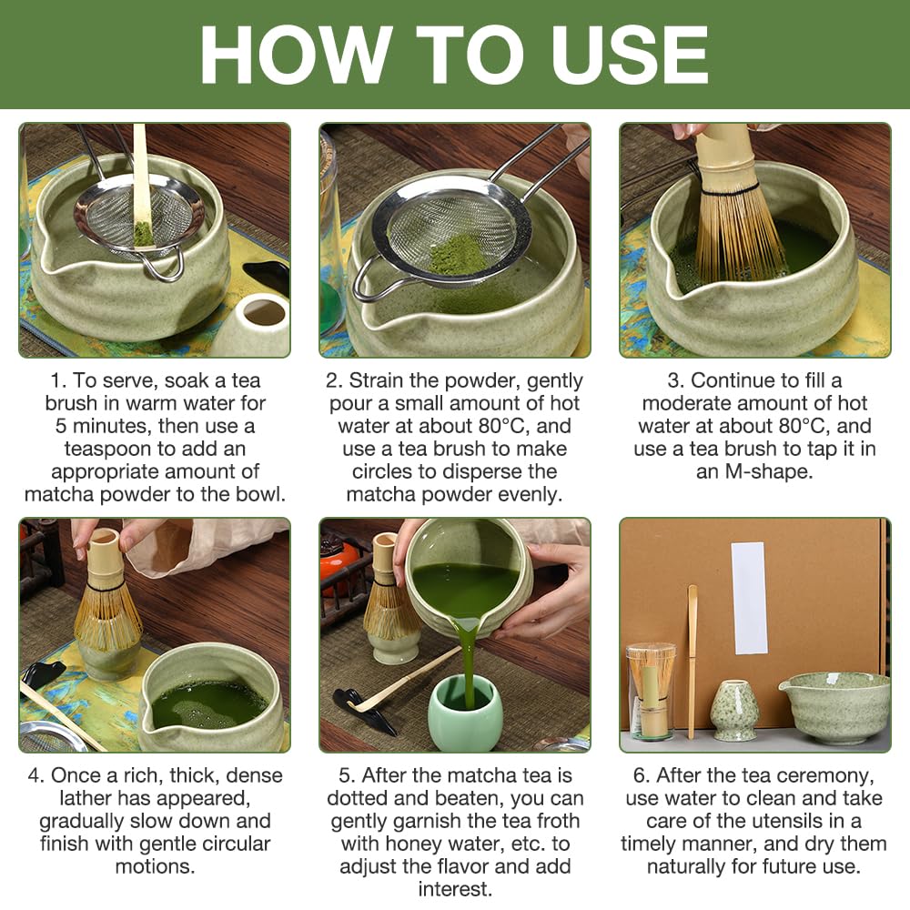Matcha Kit, Set di Matcha, Set da tè giapponese Matcha, Set di Frusta per Matcha, Ciotola Matcha con Beccuccio,Frusta Matcha in Bambù,Paletta, Supporto per Frusta in Ceramica