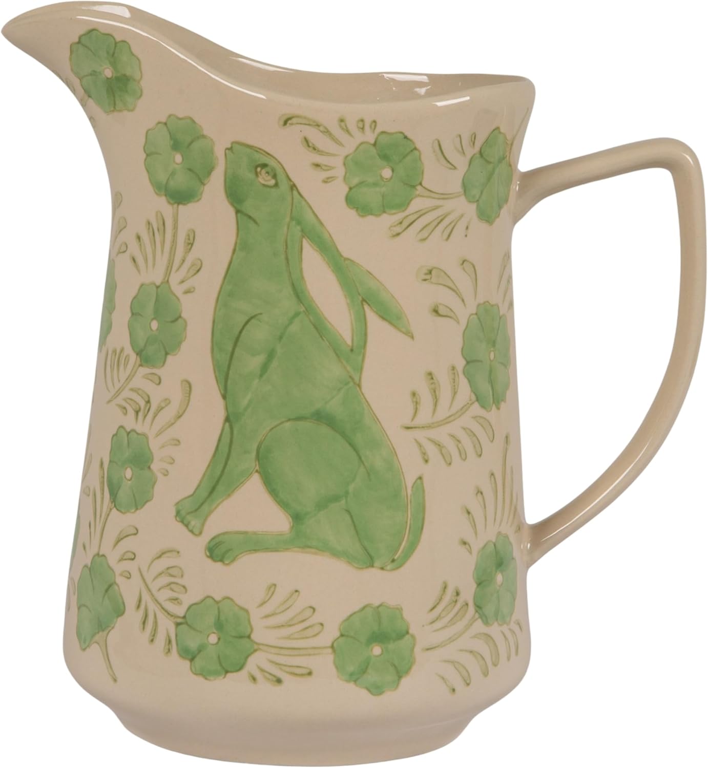 Creative Co-Op 3-Quart Stoneware Pitcher with Rabbit and Floral Motif, Green
