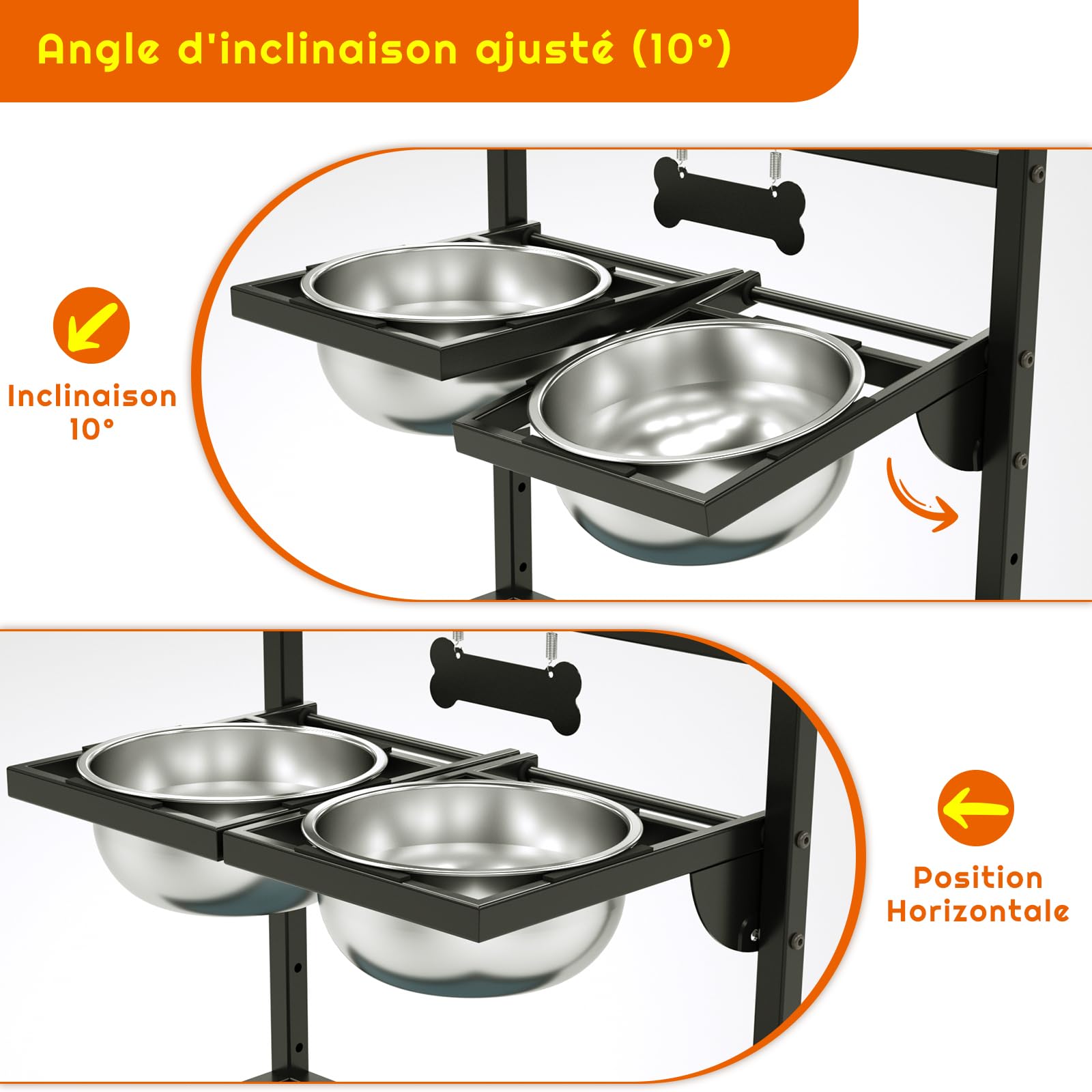 Gamelles surélevées pour chien avec 4 hauteurs réglables et inclinaison de 10 °, 2 gamelles en acier inoxydable (1,5 l x 2) et tapis anti-fuite, support de gamelle surélevé pour chiens de petite,