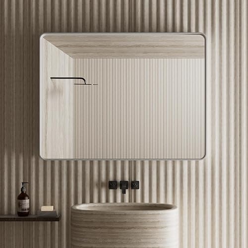 Espejo de baño de plata cepillada para pared, espejo rectangular de metal con marco de metal de 24 x 36 pulgadas, espejo de tocador moderno montado