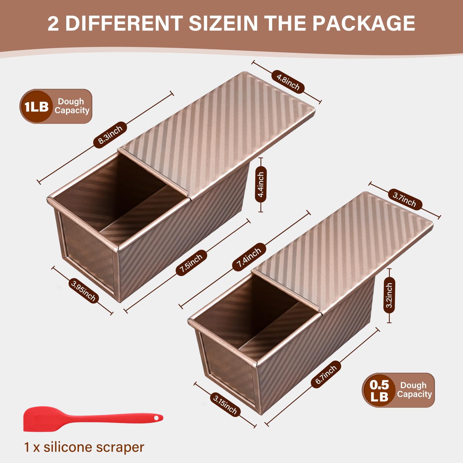 2 Pack Pullman Loaf Pan with Lid, 1 lb/0.5 lb Dough Capacity for Homemade Bread, Non-stick Corrugated Carbon Steel Bread Toast Box with Cover for Bakeware, Sandwich & Toast Oven Baking, Gold - Image 2