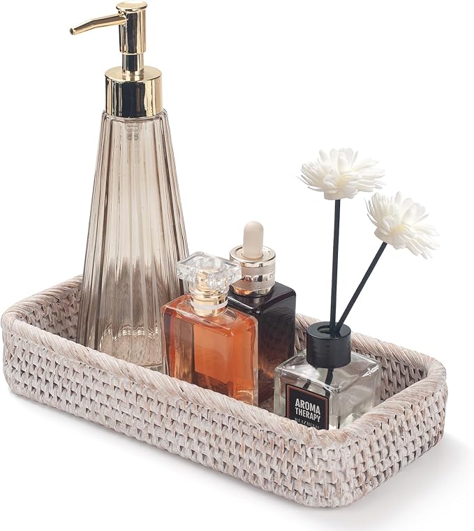 Amazon - Rattan Bathroom Vanity Trays Toilet Tank Baskets Long Narrow Hand Towel Storage Basket for Storage, Decorative (Whitewash 16.3 x 6.1 x 2 inch)