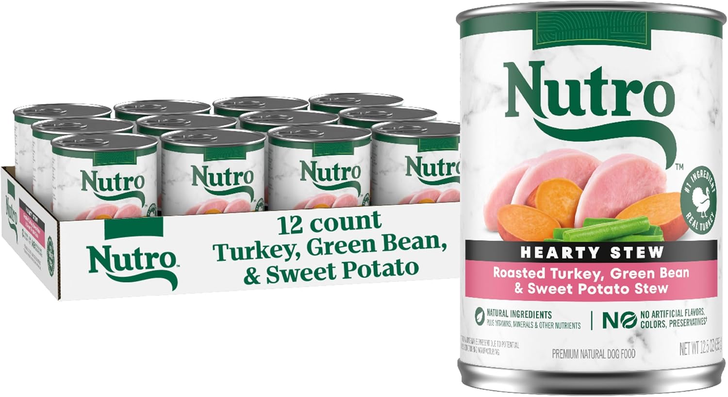 Nutro Hearty Stew Canned Wet Dog Food, Natural Grain Free Dog Food Wet Cuts in Gravy Roasted Turkey with Green Bean & Sweet Potato Stew, 12.5 oz. Cans (12 Count, Pack of 1)