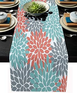 Gsypo Dahlia Table Runners 90 Inches Long Dahlia Pinnata Flower Teal Coral Gray Table Runner for Family Dinner/Wedding/Out...