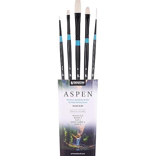 Princeton Aspen 6500 5pc Professional Paint Brushes - Princeton Acrylic Brushes - Synthetic Oil Painting Brush for Oil Acrylic & Gouache - Filbert Striper Flat & Round Set of Art Brush