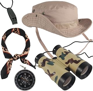 5 Pcs Women Safari Costume Sun Bucket Hat Leopard Neck Scarf Binocular Whistle Compass Safari Outfit Accessories for Halloween Hunting Cosplay