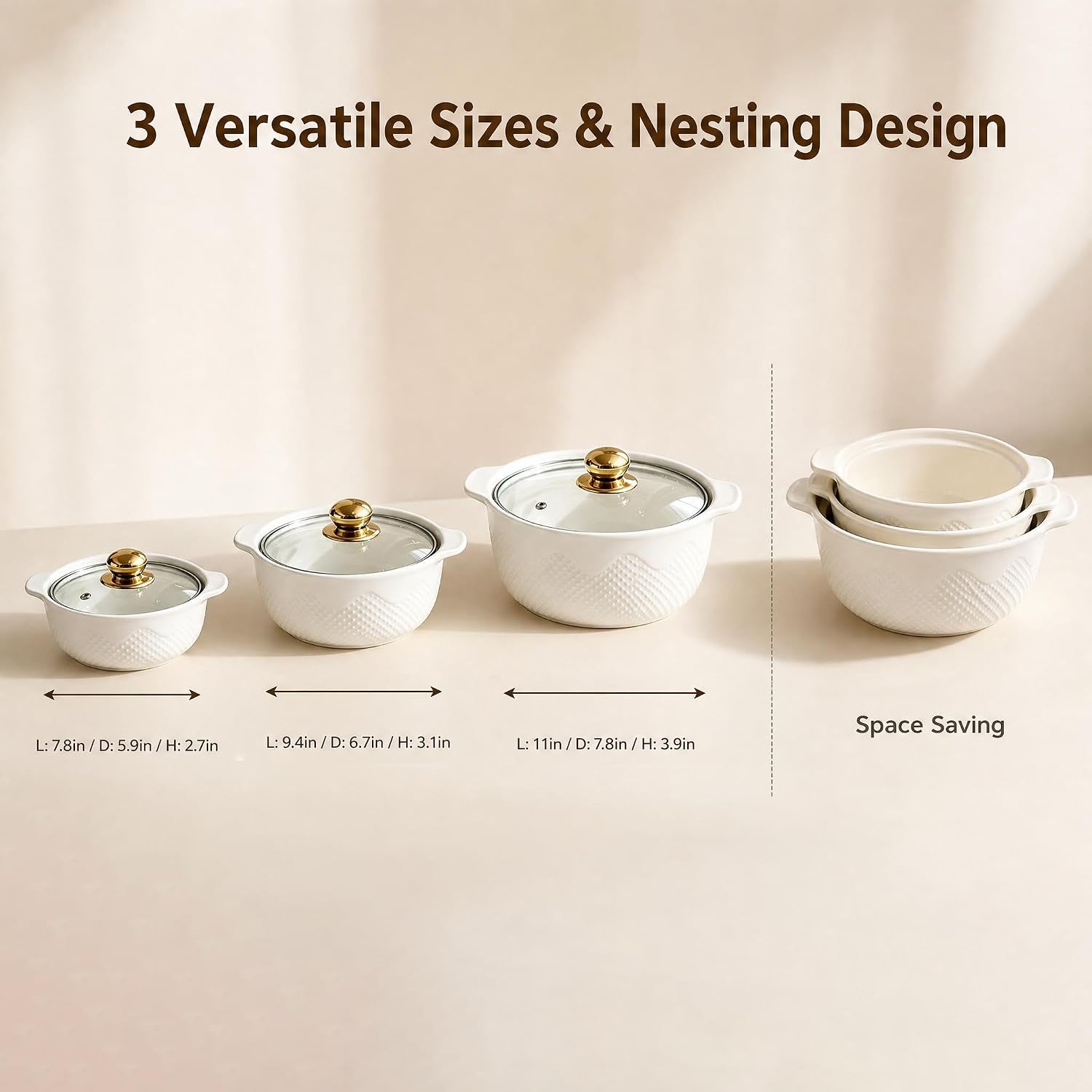 3‑Pack Ceramic Casserole Dishes with Glass Lids,1.8/2.5/3.8 QT