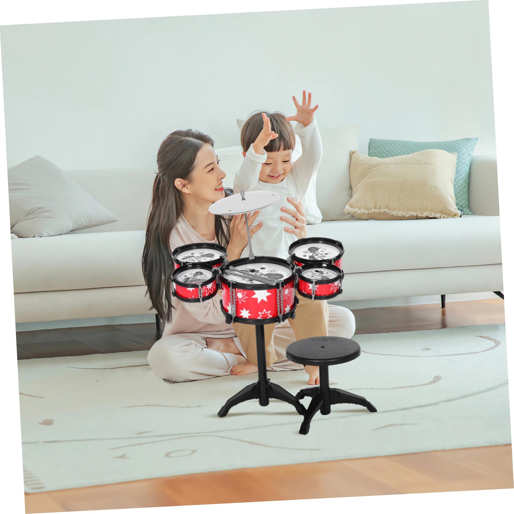 ORFOFE Set di Batterie Musicali per Bambini in Plastica Rossa, Giocattolo Multifunzionale per Bambini e Neonati, Strumento Musicale per Sviluppo Precoce e Interazione Genitore-figlio