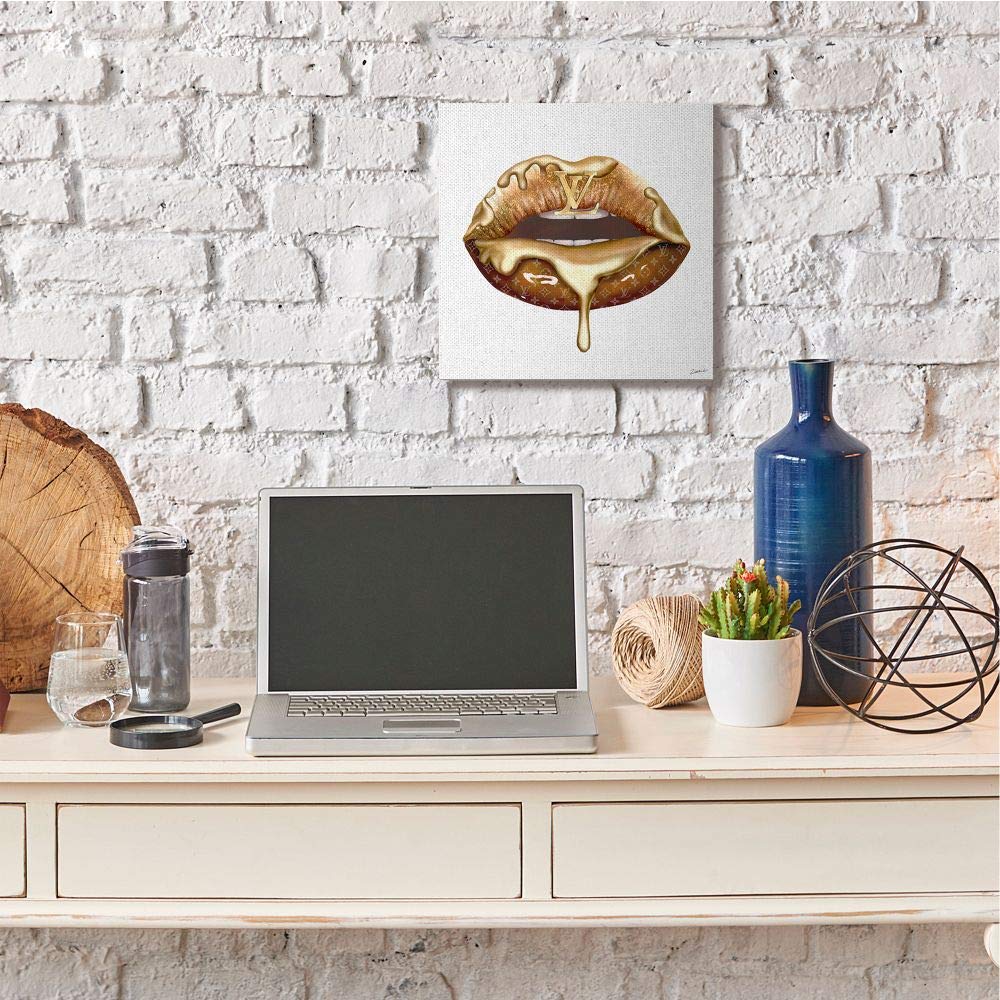 Stupell Industries Designer Brand Gold Lip Portrait Glam Cosmetic Drip, Design By Ziwei Li, Canvas Wall Art, 17 x 17