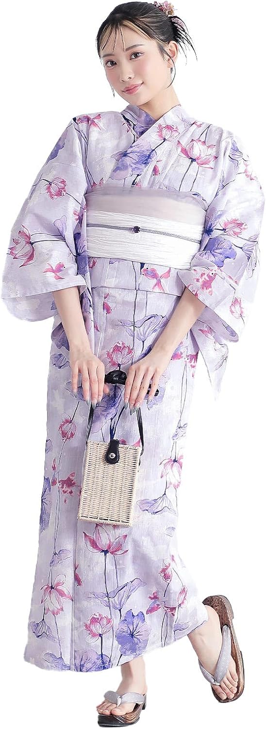 utatane 浴衣・帯セット 変わり織り浴衣ピンクベージュとグレーの