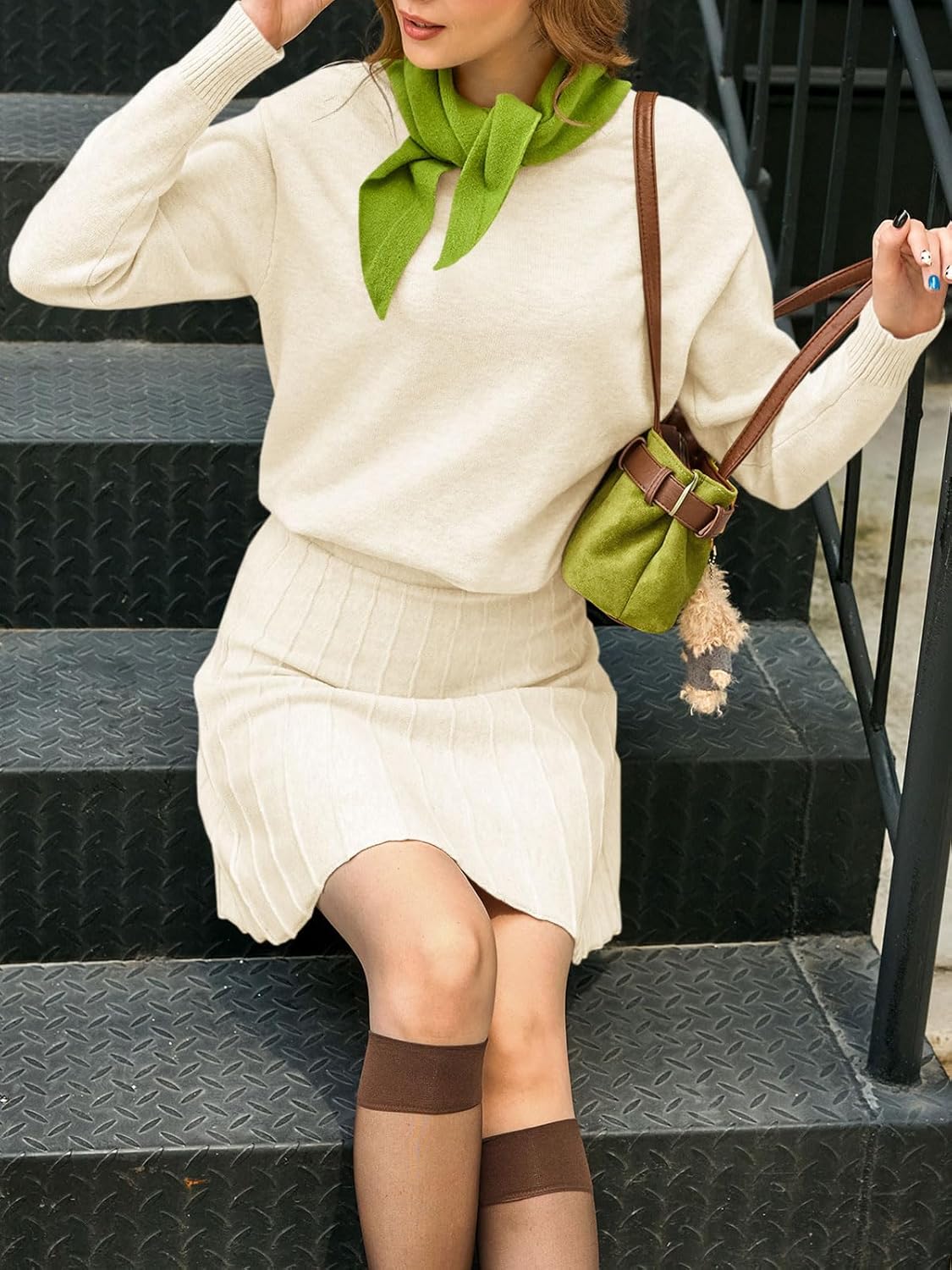 Tankaneo Womens Skirt 2 Piece Sweater Set Long Sleeve Crewneck Sweaters Pleated Mini Skirt Knit Lounge Sets - Image 5