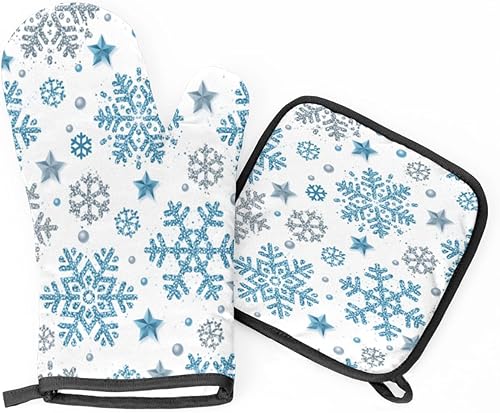 Juego de 2 manoplas de horno para cocina, guantes de horno con aislamiento de copo de nieve azul y almohadillas para ollas, decoración para la