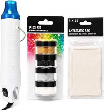 Pixiss Heat Tool Embossing Heat Gun for Crafts, Embossing Arts, Candles, Shrink Wrap. 4 Embossing Powders, Anti-Static Embossing Pad