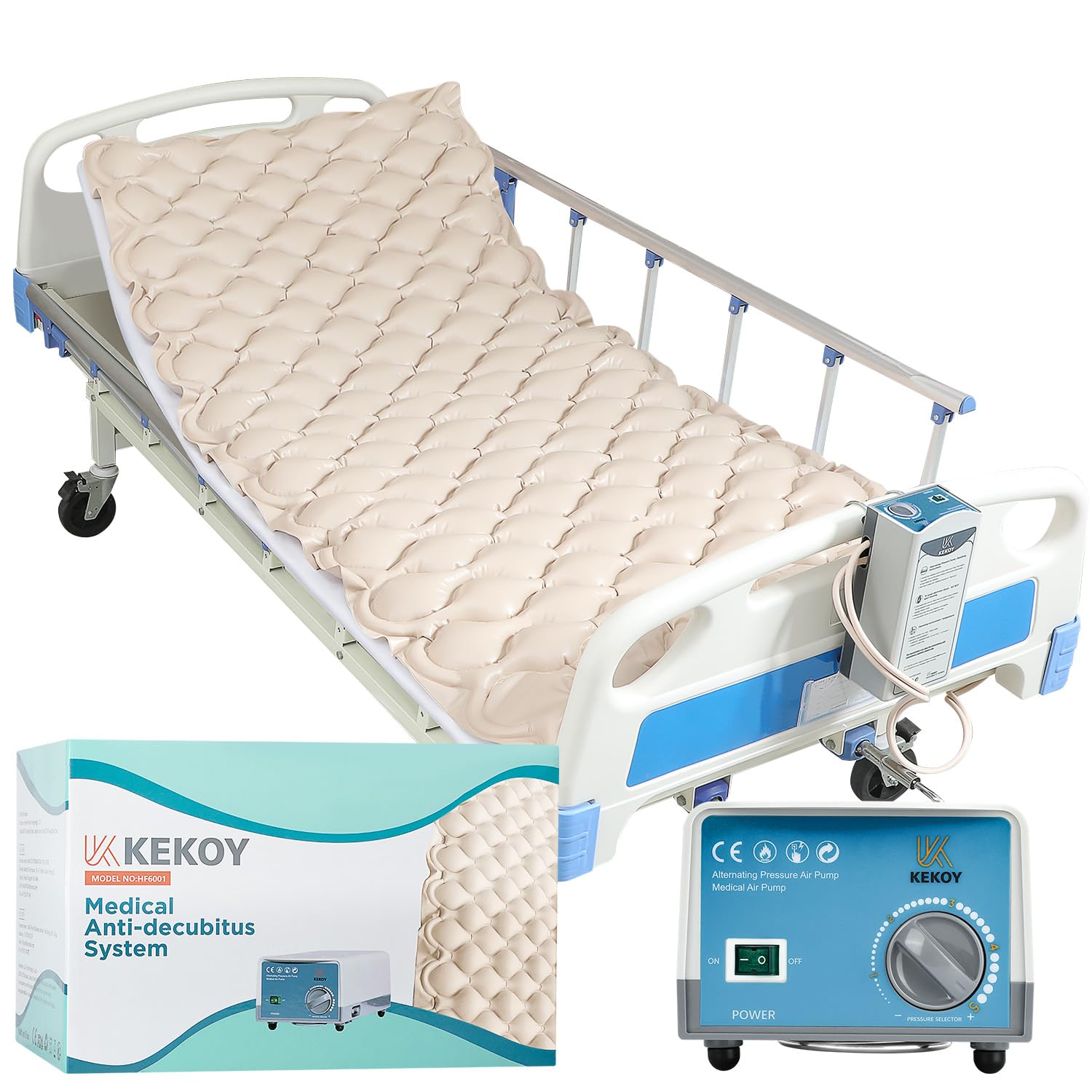 Kekoy Alternating Pressure Mattress Bed Sore Prevention with Improved Whisper Quiet Pump, Waterproof & Easy to Clean, Anti Bedsore Mattress Suitable for Bedridden People in Home and Hospital
