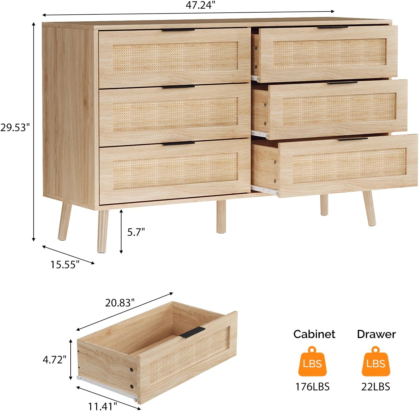 VINGIL 6 Drawer Rattan Dresser, Boho Chest of Dressers, Modern Wooden Dresser with Ample Storage, Rattan Chest of Drawers for Bedroom, Oak