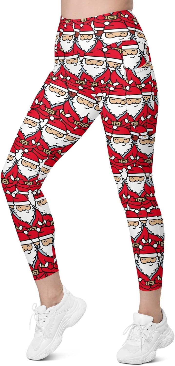 FIERCEPULSE Cartoon Santa Christmas Leggings with Pockets – High-Waisted Holiday Print Leggings for Women