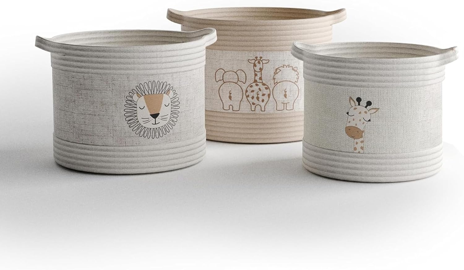 ( incomplete)RGI Home Decorative Storage Baskets with Safari Animal Prints – Set of 3 Round Fabric Rope and Linen Organizer Bins for Nursery or Playroom, Multi-Sized with Easy-Carry Handles, Ivory, Tan, and Linen