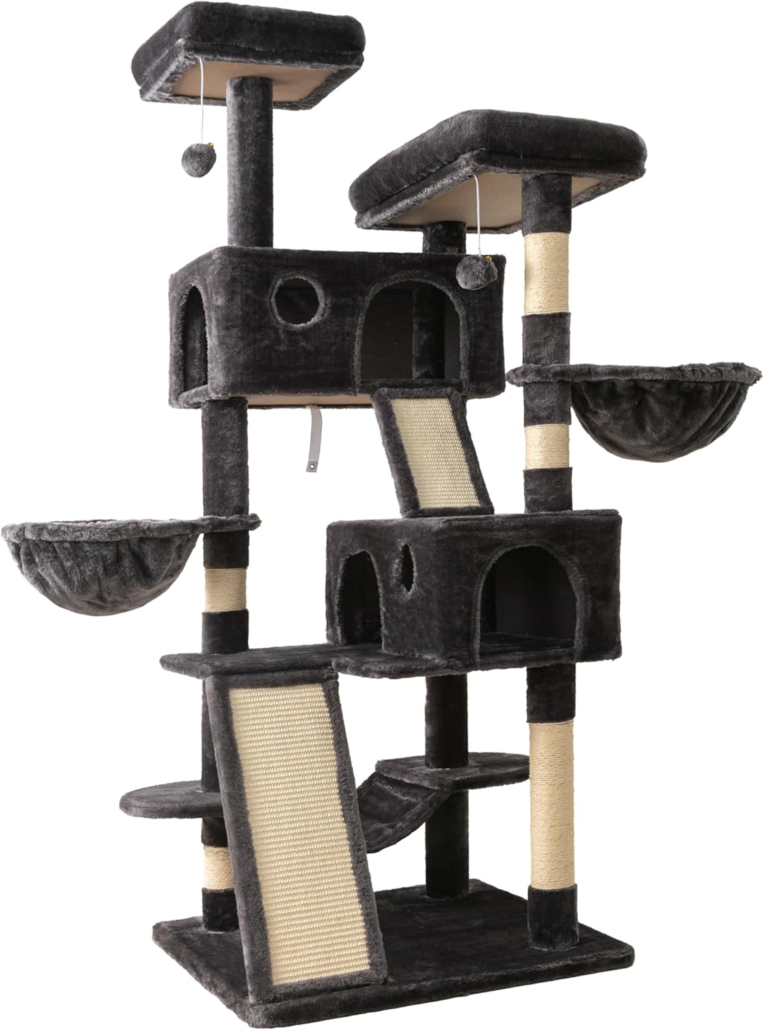 Allewie 65in Multi-Level Tall Cat Tree for Indoor Kitties/Larger Tower with Wide Base/Cozy Plush ‌Pussycat Perches/Cat Condo with Hammock/Sisal Scratching Posts/Dark Grey