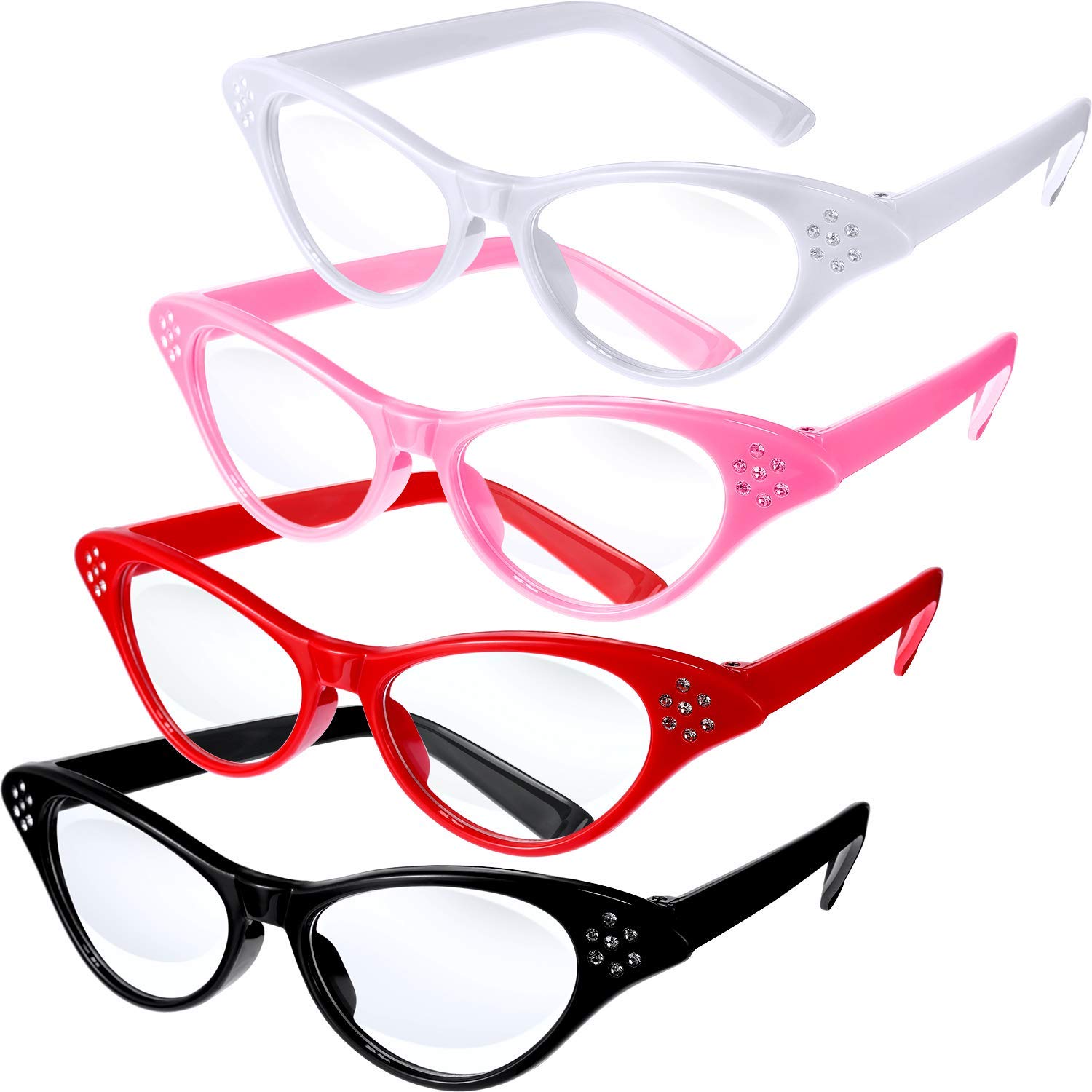 JOVITEC 4 Pieces Cat Eye Glasses Rhinestones Retro 50s 60s Old Lady Valentine's Party Costume Glasses for Halloween Hip Hop Dress up Party Favor(Red, Black, White, Pink)