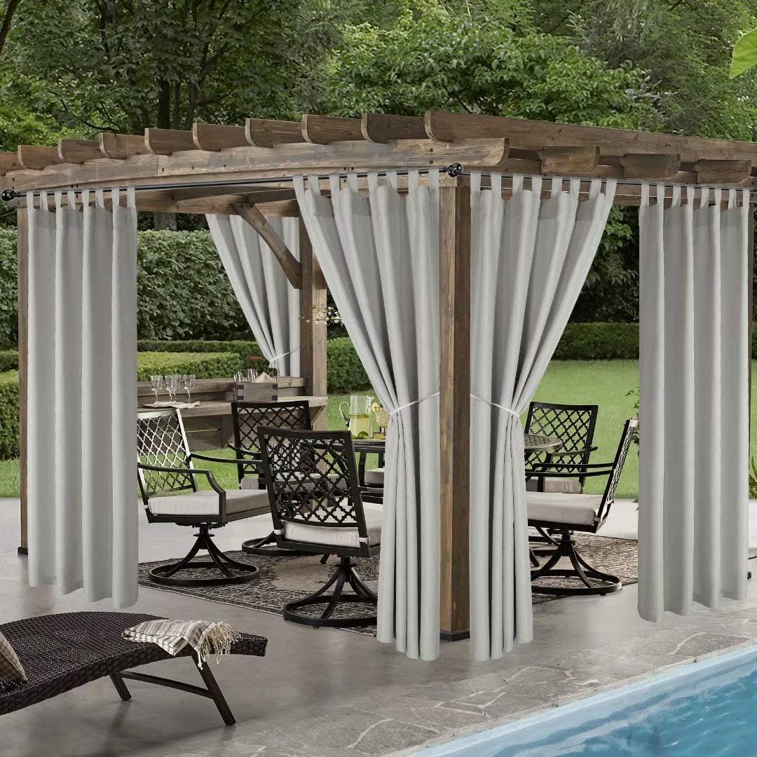 LORDTEX Indoor/Outdoor Curtains - Waterproof Tab Top Patio Curtains Sun Blocking Set of 2 Panels Thermal Insulated Curtain for Porch, Pergola, Cabana, Gazebo, 52 x 84 inch, Light Grey