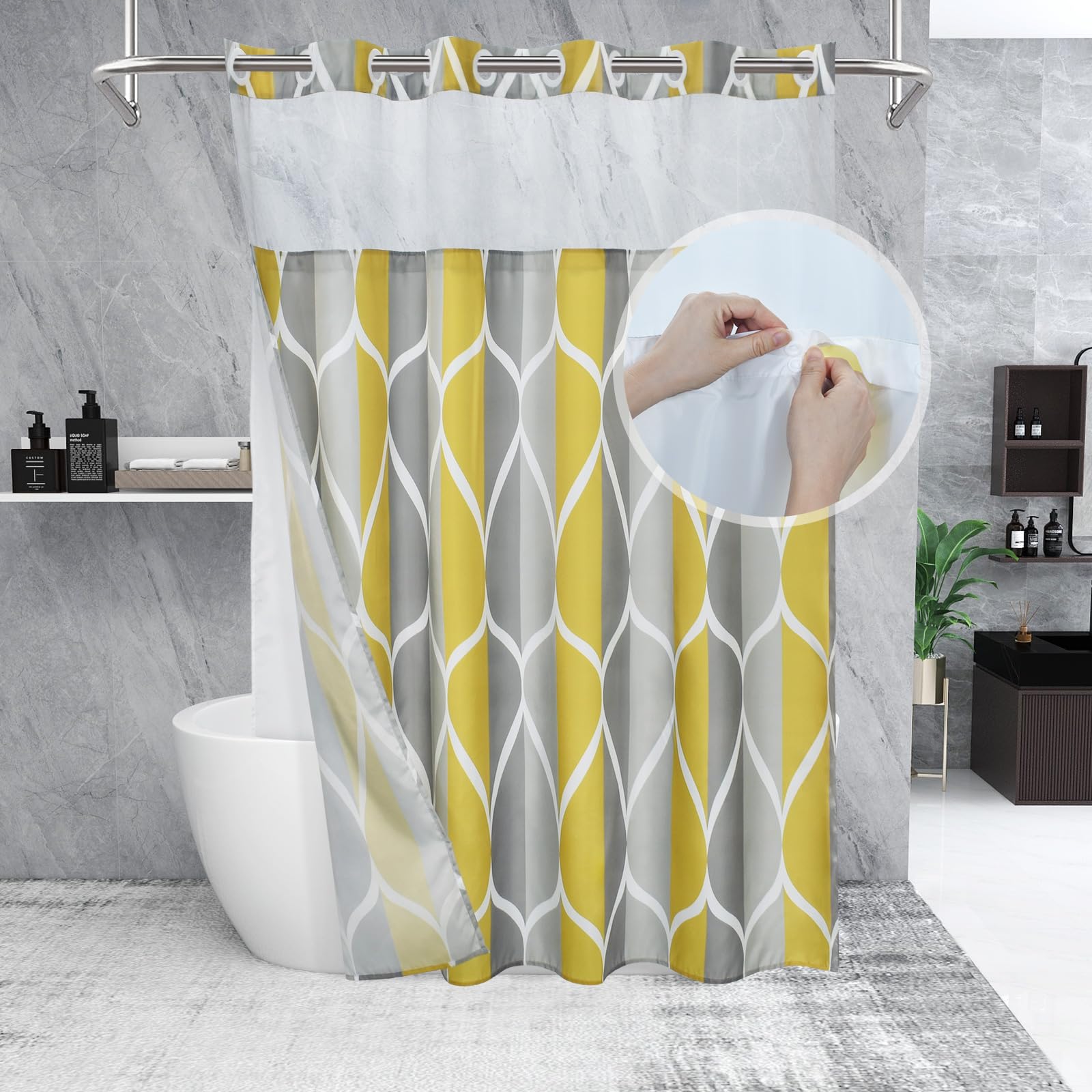 Yiatn Gray Yellow No Hook Shower Curtain with Liner Attached - Hotel Style with See Through Mesh Top Window, Modern Geometric Waterdrop Design,