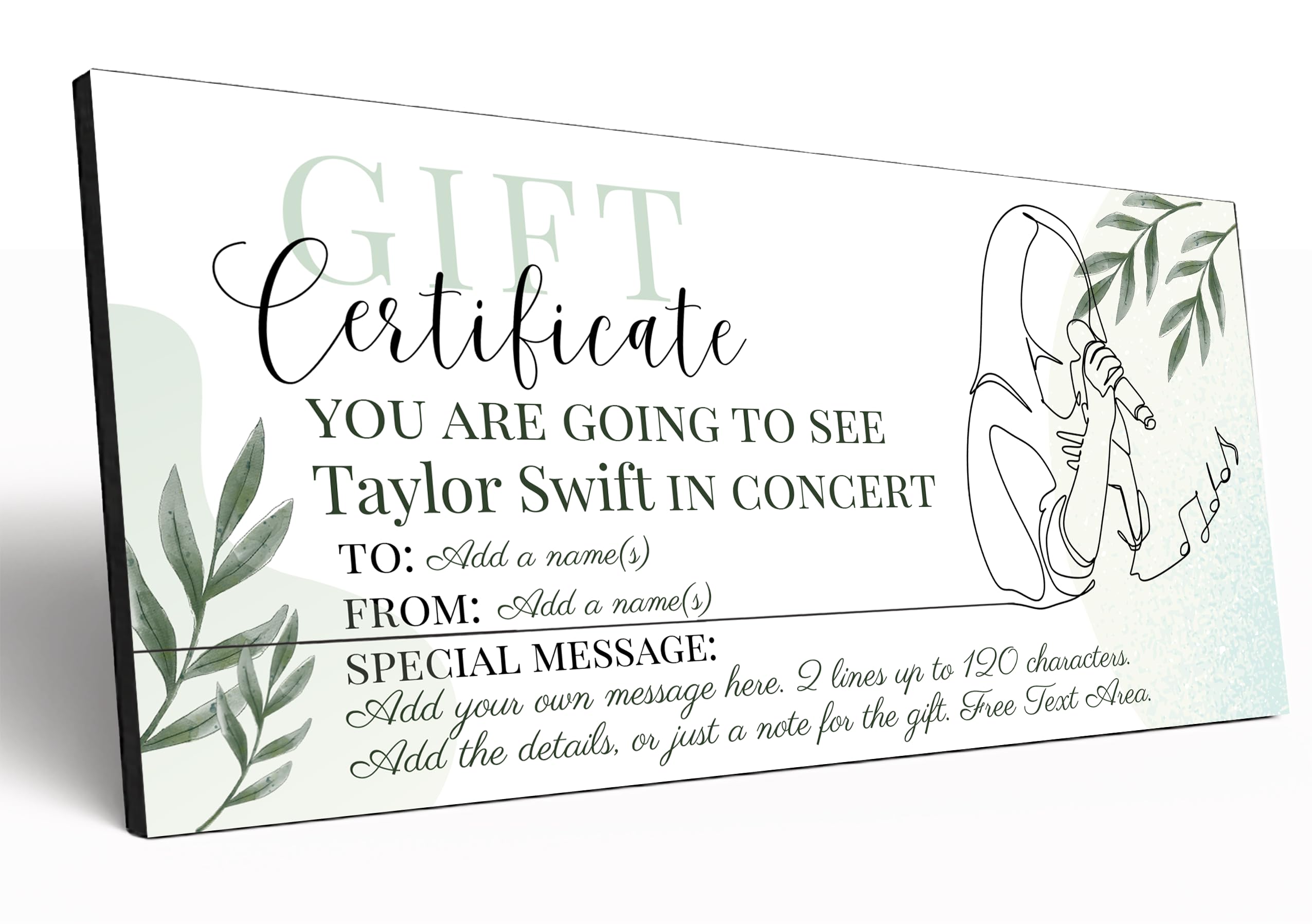 The Plum Penguin Customisable Gift Certificate 6mm MDF Personalised Gift Voucher Experience Event Gift Elegant Botanical Design (Concert (Female Singer))