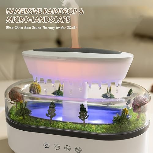 Miniatura 4 de Humidificador de gotas de lluvia de 8.5 fl oz y difusor de aceite esencial, humidificador ultrasónico en forma de nube con sonidos relajantes de