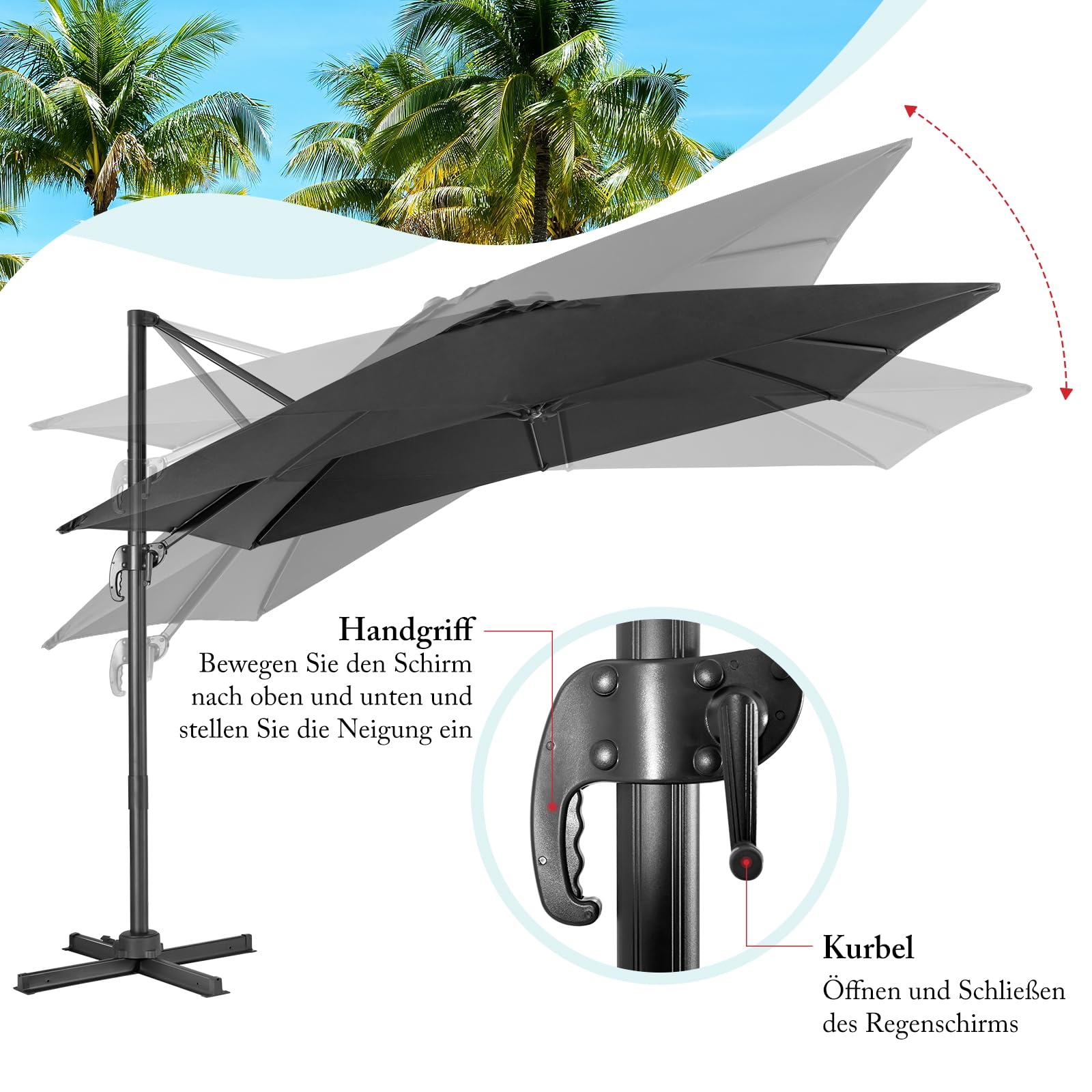 GOPLUS Ampelschirm 300x300 cm rechteckig, Sonnenschirm 360° drehbar & 3 stufig kippbar, großer Terrassenschirm mit Ständer, Gartenschirm mit Kurbel, UPF 30+ für Balkon, Garten & Terrasse (Schwarz)