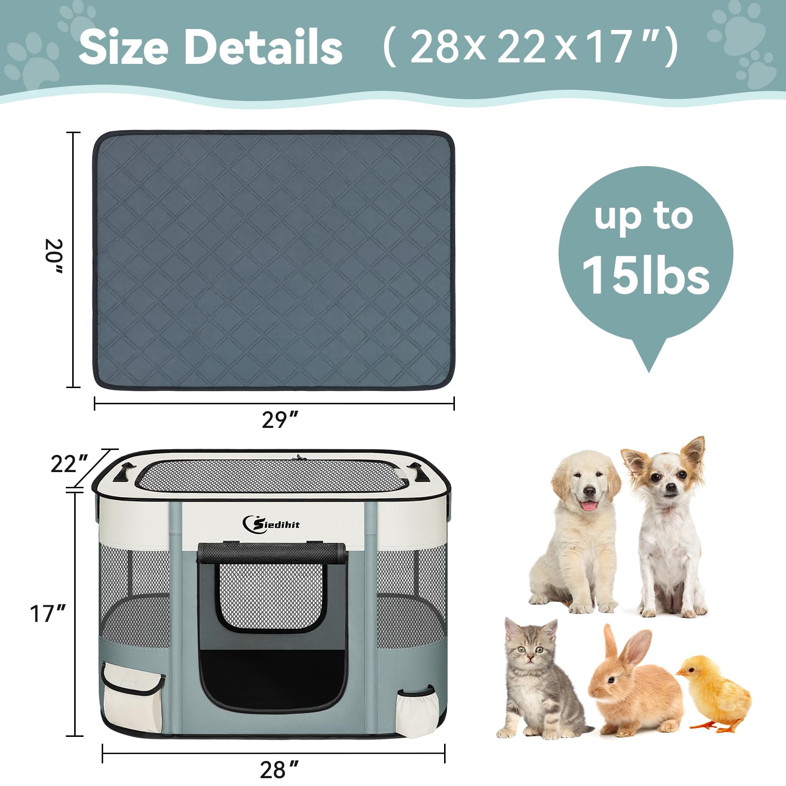 Laufgitter für Hunde, Katze, Haustier, Welpen, tragbar, Laufgitter für Hunde, drinnen und draußen, Reisen, Camping, faltbar, für Kaninchen, Kleintiere mit Tragetasche (Grau mit Pad, klein)