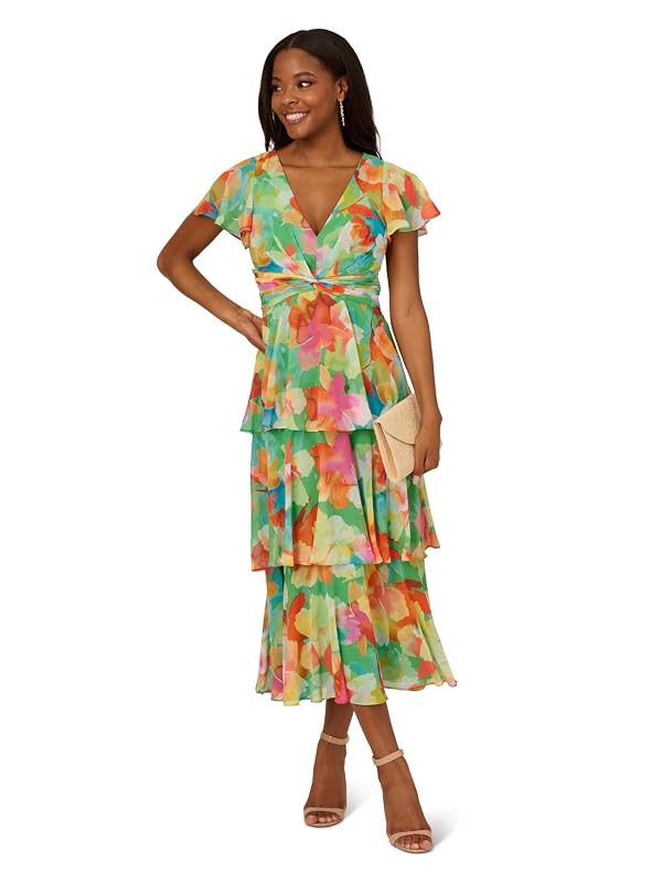 Adrianna Papell Women's Tiered Chiffon Midi Dress, Green Multi, 8 by Adrianna Papell - Used condition - Image 4