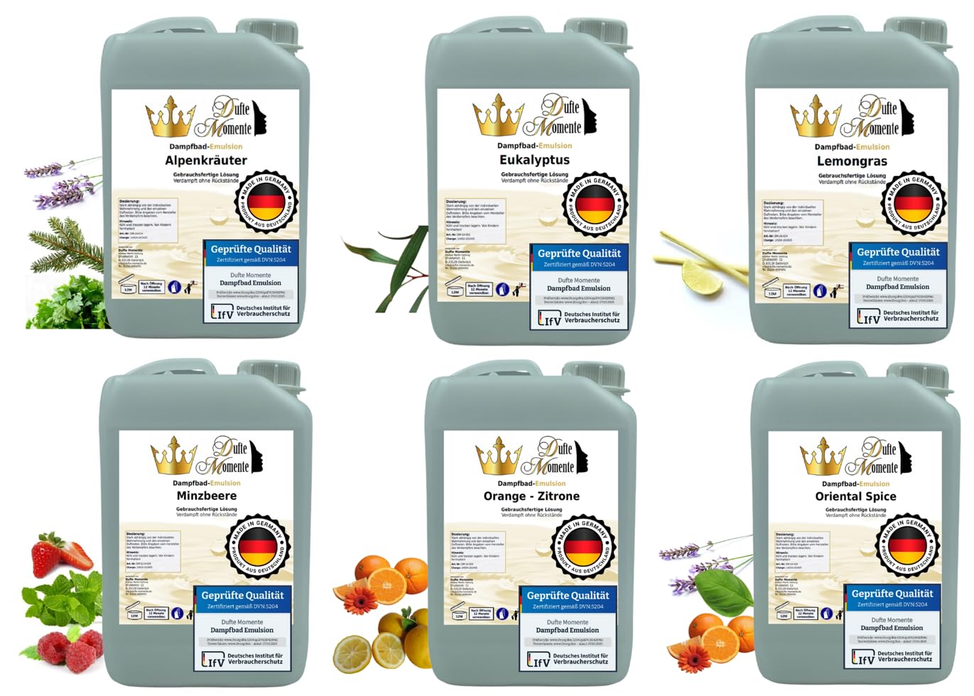 Dufte Momente | Dampfbad Emulsion 6 x 3 Liter | freie Wahl aus 28 Düften | mit naturreinen und natürlichen ätherischen Ölen | gebrauchsfertig | vegan und ohne Tierversuche