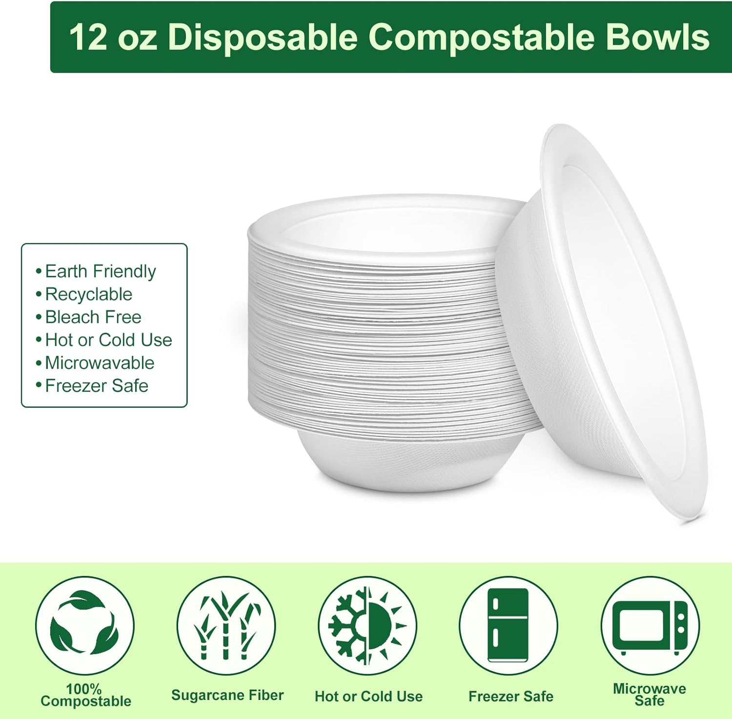 Paper Bowls 12oz, Disposable Bowls Heavy Duty, 1000-Pack 100% Compostable Disposable Soup Bowl, Biodegradable Bagasse Paper Bowls Bulk-White
