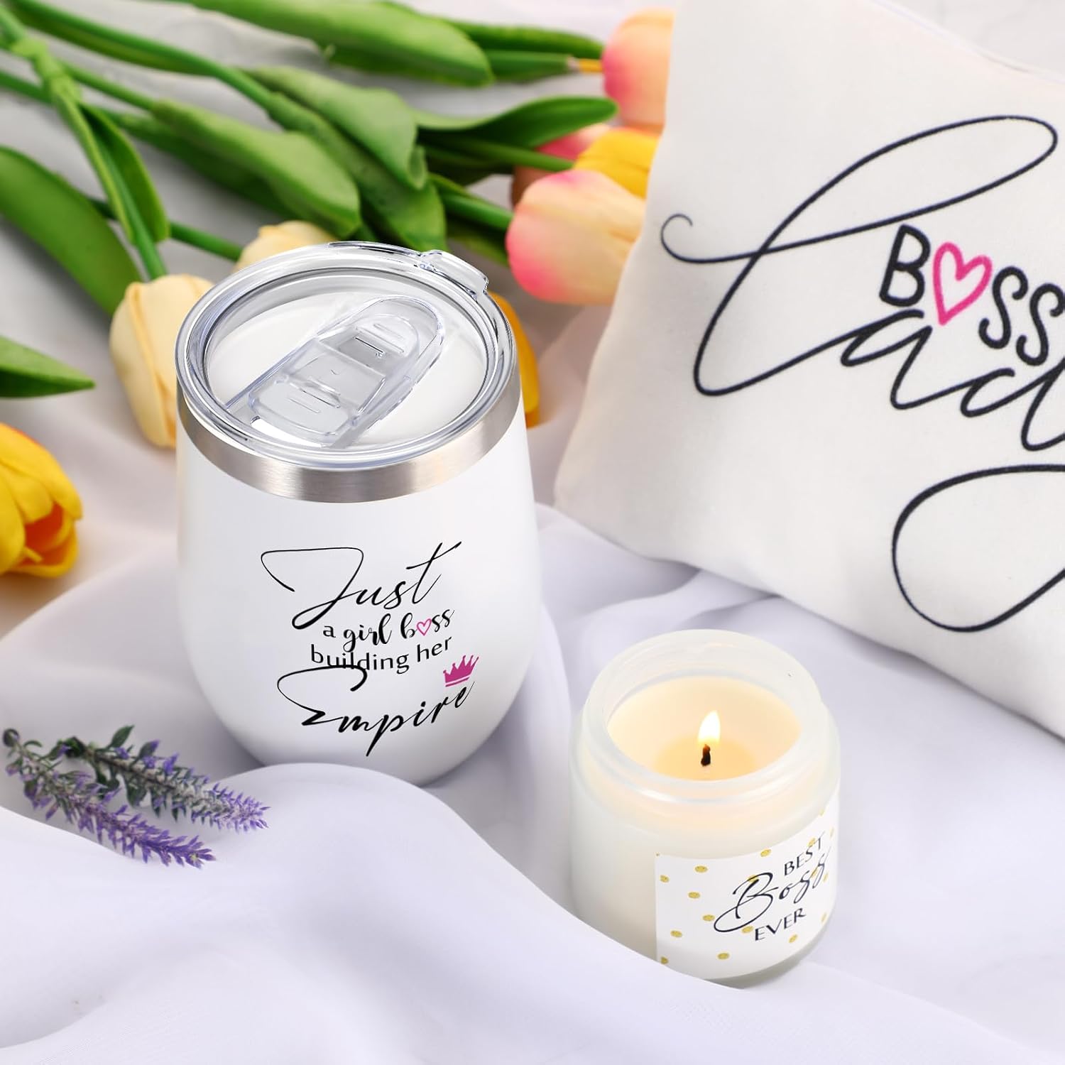 Sieral 3 Pcs Boss Gifts for Women Best Boss Ever Thank You Appreciation Gifts Sets 12 oz Lady Tumbler Mug 3.5 oz Candle Makeup Bag for Female Lady Girl Leader Manager Office Team Birthday