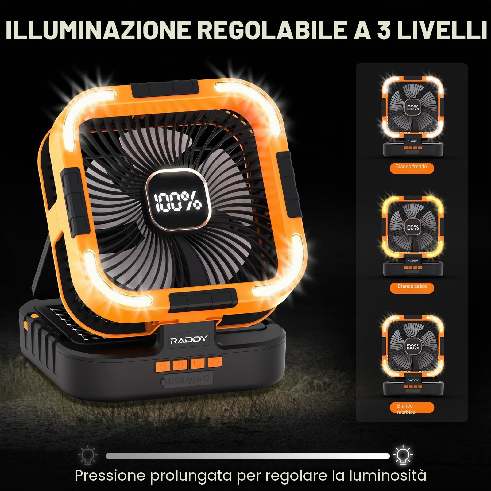 Raddy CF3 Ventilatore da campeggio ricaricabile 20.000 mAh, portatile, batteria integrata, pannello solare 3 W, USB, luce LED, 6 velocità, oscillazione 90°, tenda, BBQ, outdoor & emergenze, arancione