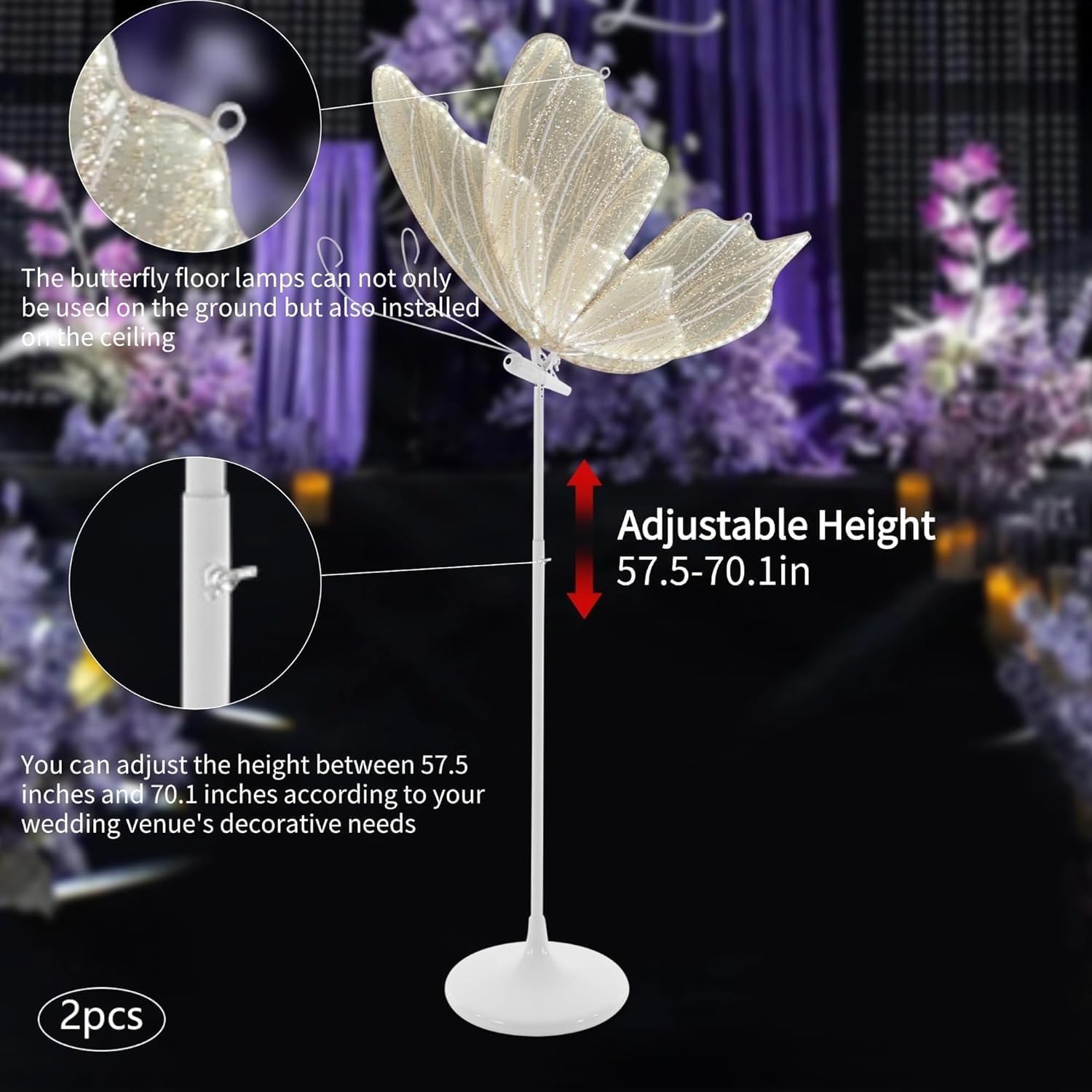 2PCS Wedding Butterfly LED Floor Lamp,Romantic Wedding Butterfly Floors Lamp Garden Lights Butterflys Hanging Decorations for Weddings Parties(2 Pack/Silver,80cm/31.5inch)