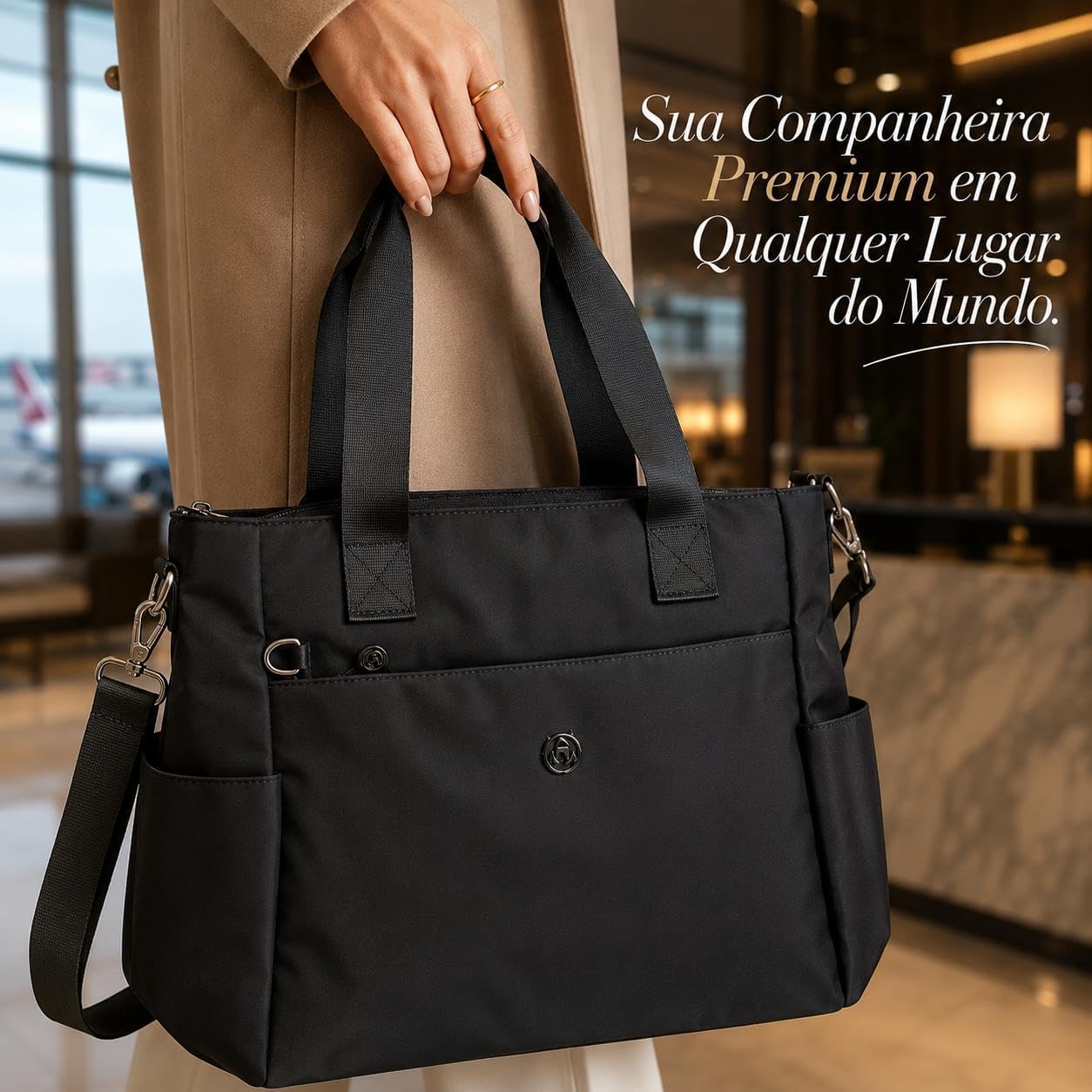Bolsa Feminina Transversal de Ombro em Nylon Impermeável Bolsa Tote Grande com Alça Removível Espaçosa para Casual Trabalho Faculdade e Dia a Dia Preta