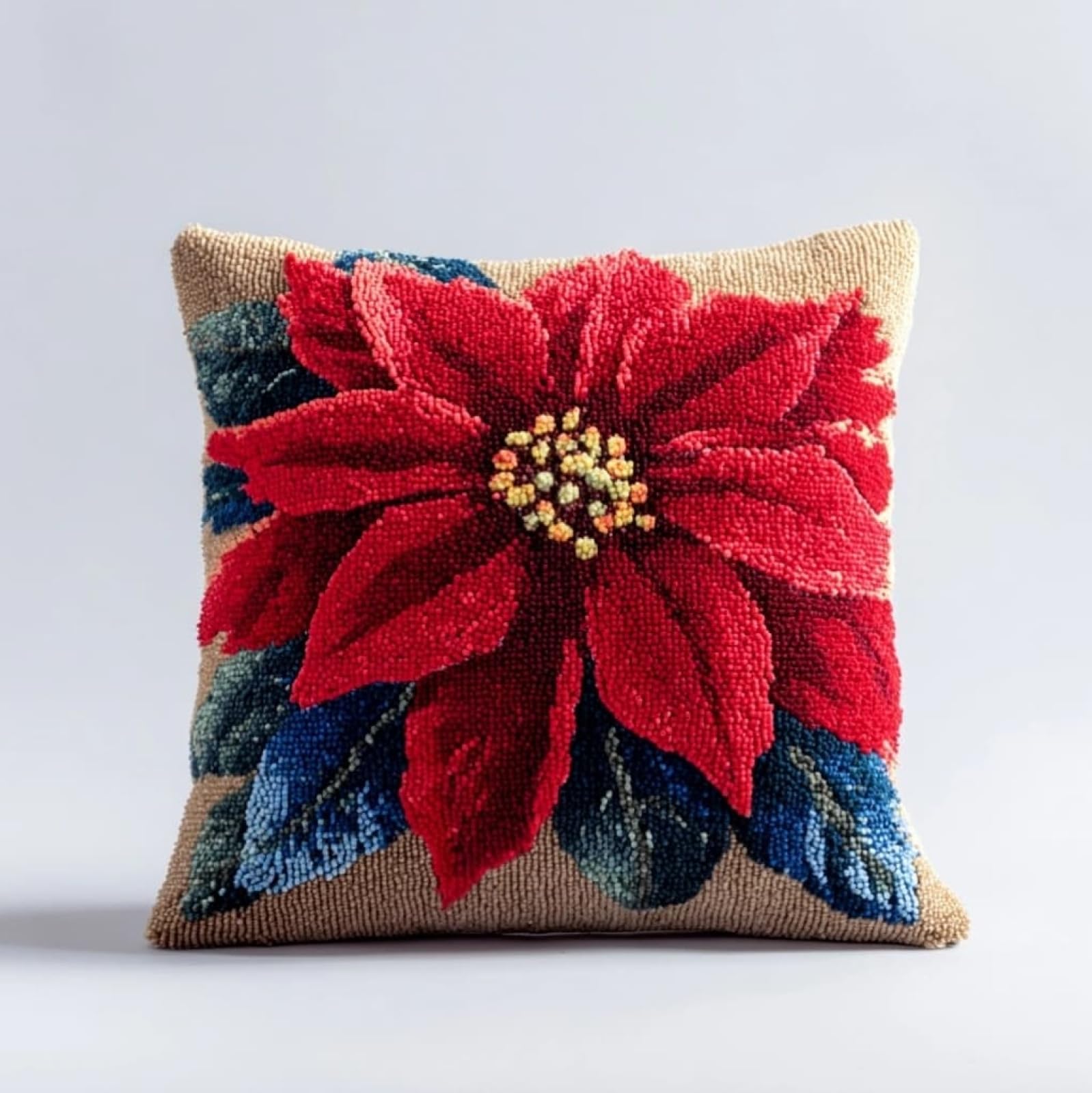 Axiangzik Latch Hook Pillow Kits For Beginners,Christmas Poinsettia Flowers 43X43cm Diy Crochet Cushion Creative Craft,Ideal For Home Decor And Fun Crafting