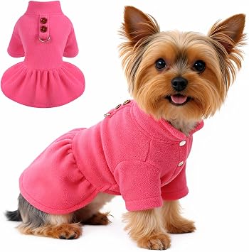 DaFuEn Winter Dog Dress for Small Dogs, Soft Fleece Puppy Sweater Dress with Skirt & D-Ring, Cold Weather Clothes for Chihuahua Yorkie Rose Red,XXS