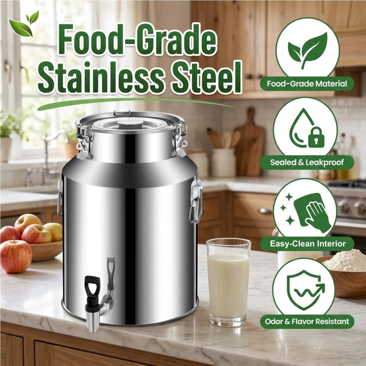 Jarra de Leche de Acero Inoxidable con Grifo, 5L-100L Bidón de Leche | Con Tapa Sellada, Cubo para Vino y Recipiente para Lácteos, Jarra de Café Contenedor de Transporte(76L)
