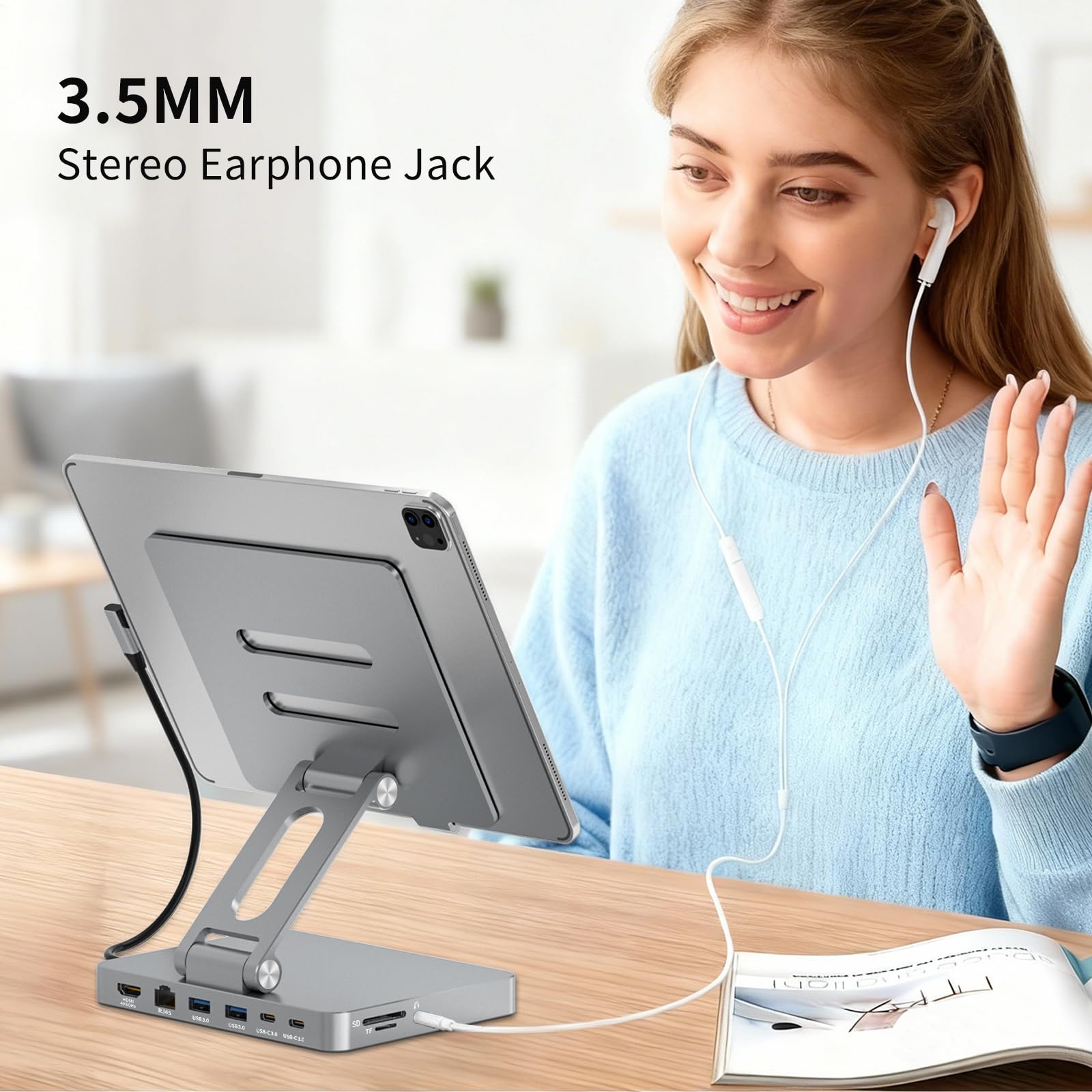 Stojaczek iPad Pro USB C Hub, adapter 10-w-1 do iPad Pro M4 M2 M1 iPad Air, stacja dokująca 4K 60 Hz HDMI, PD, czytnik kart SD/TF, USB 3.0, 3,5 mm audio, RJ45 Ethernet, akcesoria do iPad, tablet