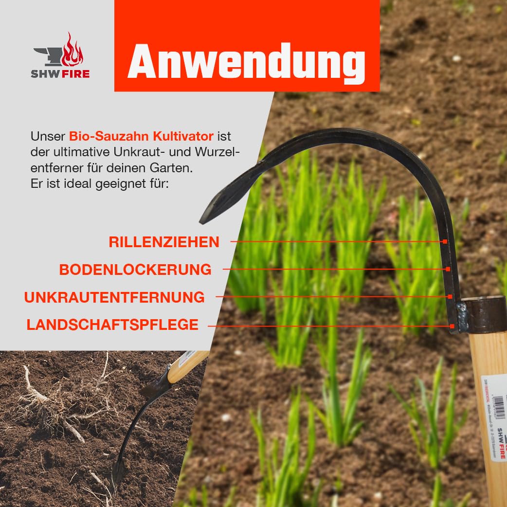 SHW-FIRE | Bio-Kultivator 135 cm mit geschmiedetem Sauzahn, robuster Spezialstahl, ergonomischer Eschenholzstiel, ideal für Hochbeete und eng bepflanzte Gärten | Made in Germany
