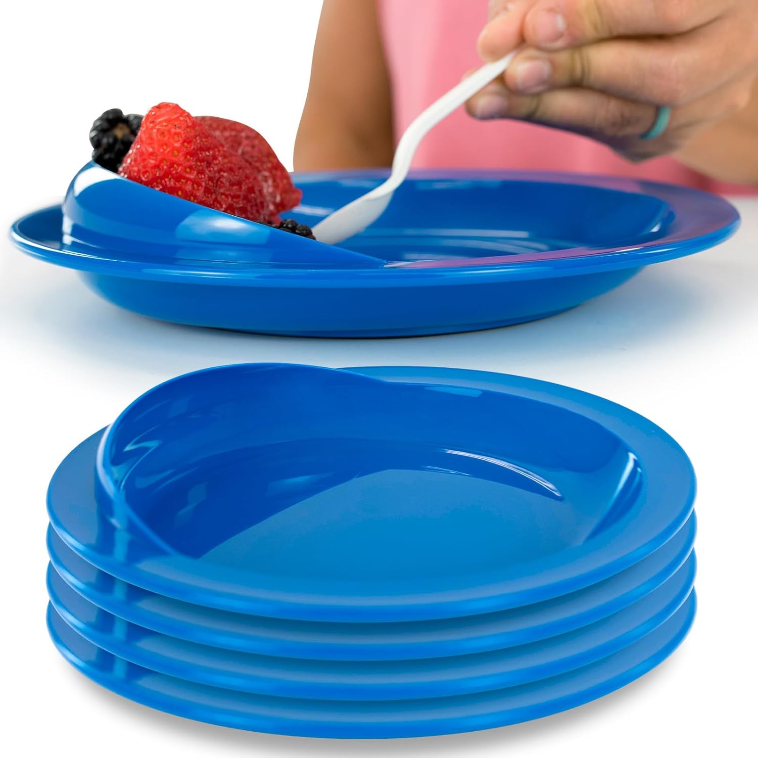 Vive Spill-Proof Scoop Plate, 9" (4 Pack) - Dish with Wall for Disabled, Handicapped, Elderly Adults with Special Needs from Parkinsons, Dementia, Stroke, Tremors with - Non Skid Padded Bottom