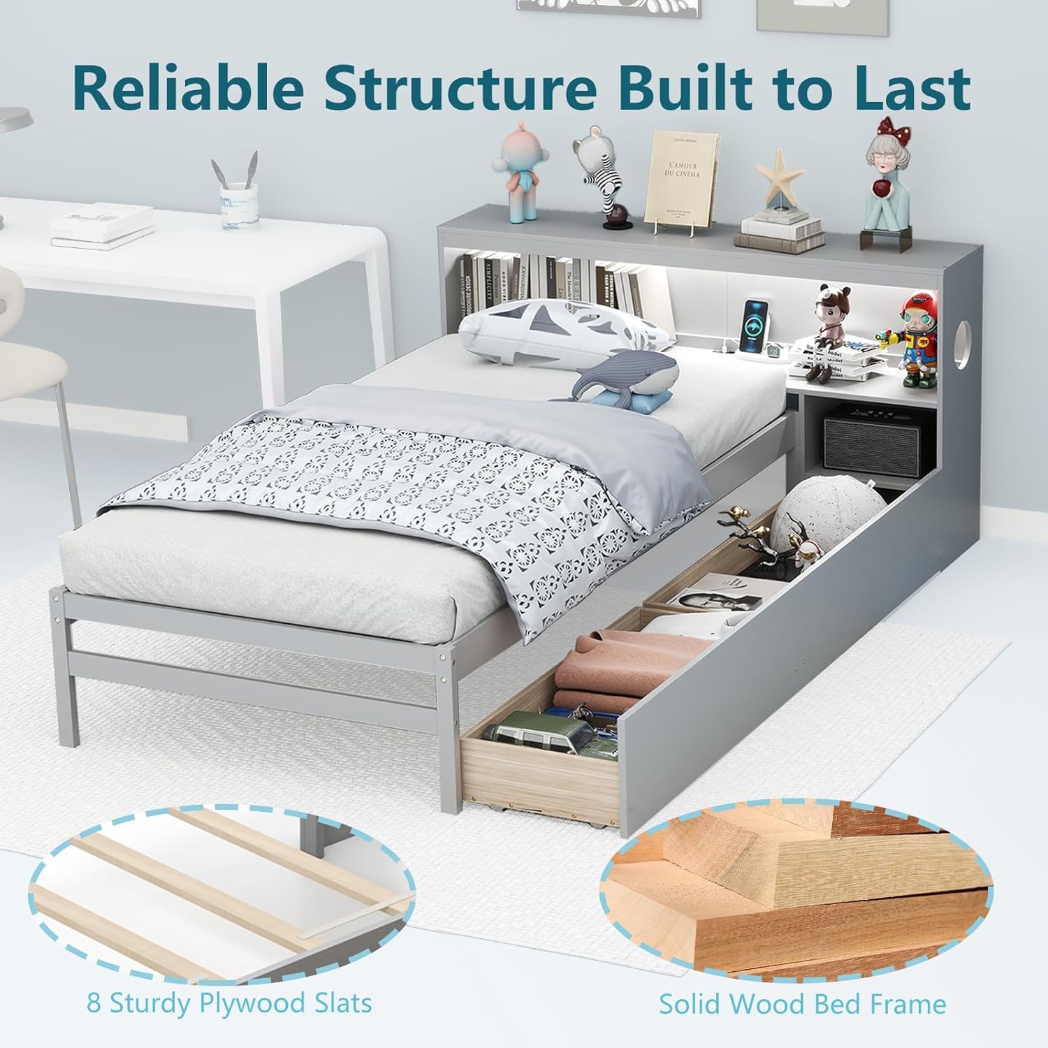 KOMFOTT Twin Wood Platform Bed Frame with 2 Drawers & Charging Station, Wood Bed Frame with Storage Headboard, LED Light, Built-in Nightstand, Wooden Slats Support, No Box Spring Needed (Grey)