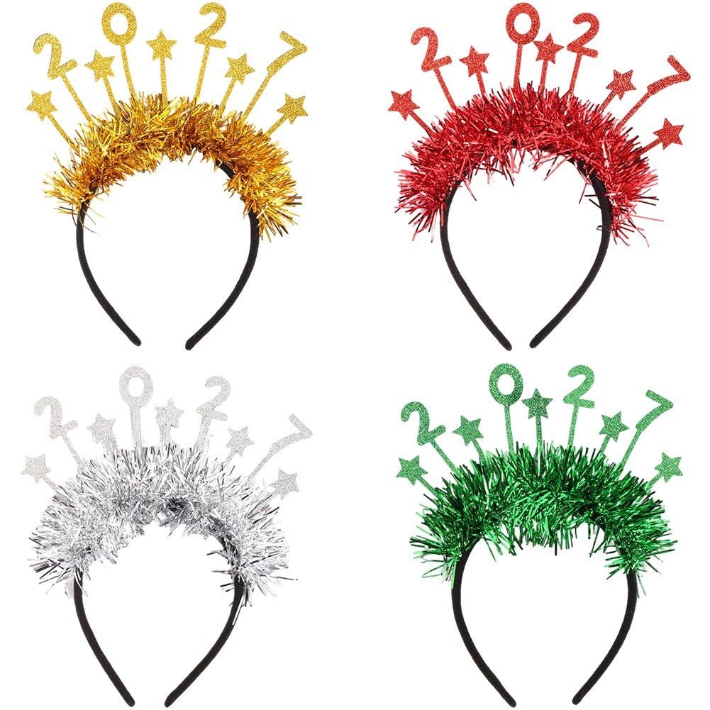 Caeanhi 4pcs Happy New Year Headband Glitter Sequin 2027 Star Hair Hoop Colorful Cute Star Strip Headwear for New Year Eve Dress Up Supplies