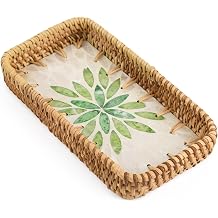 Woven Rattan Tray with Capiz Shell Bottom Floral Design Green Shell
