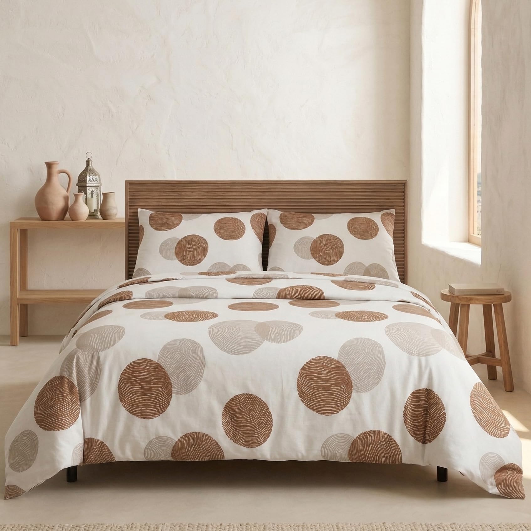 Juego Funda nórdica Cama 180/200 100% algodón, Funda edredón 260x240 cm + 2 Funda Almohada 50x90 cm, Estampado círculos, Marrón/Taupe.