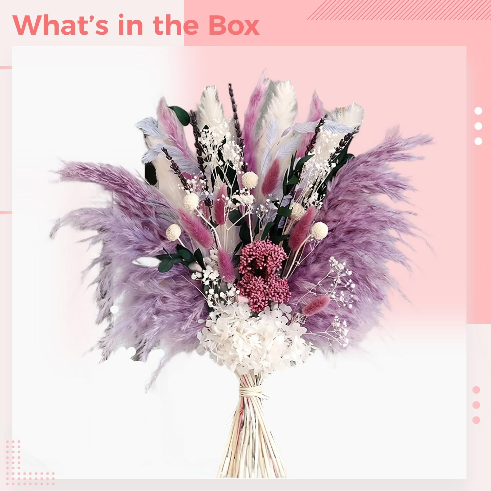 Natürlicher Pampas Prairie Blumenstrauß, lila und weiß gemischtes Blumenarrangement, Boho-Hochzeitsblumen, für stilvolle Wohnraumdeko mit lang anhaltender Freude, in Geschenkbox