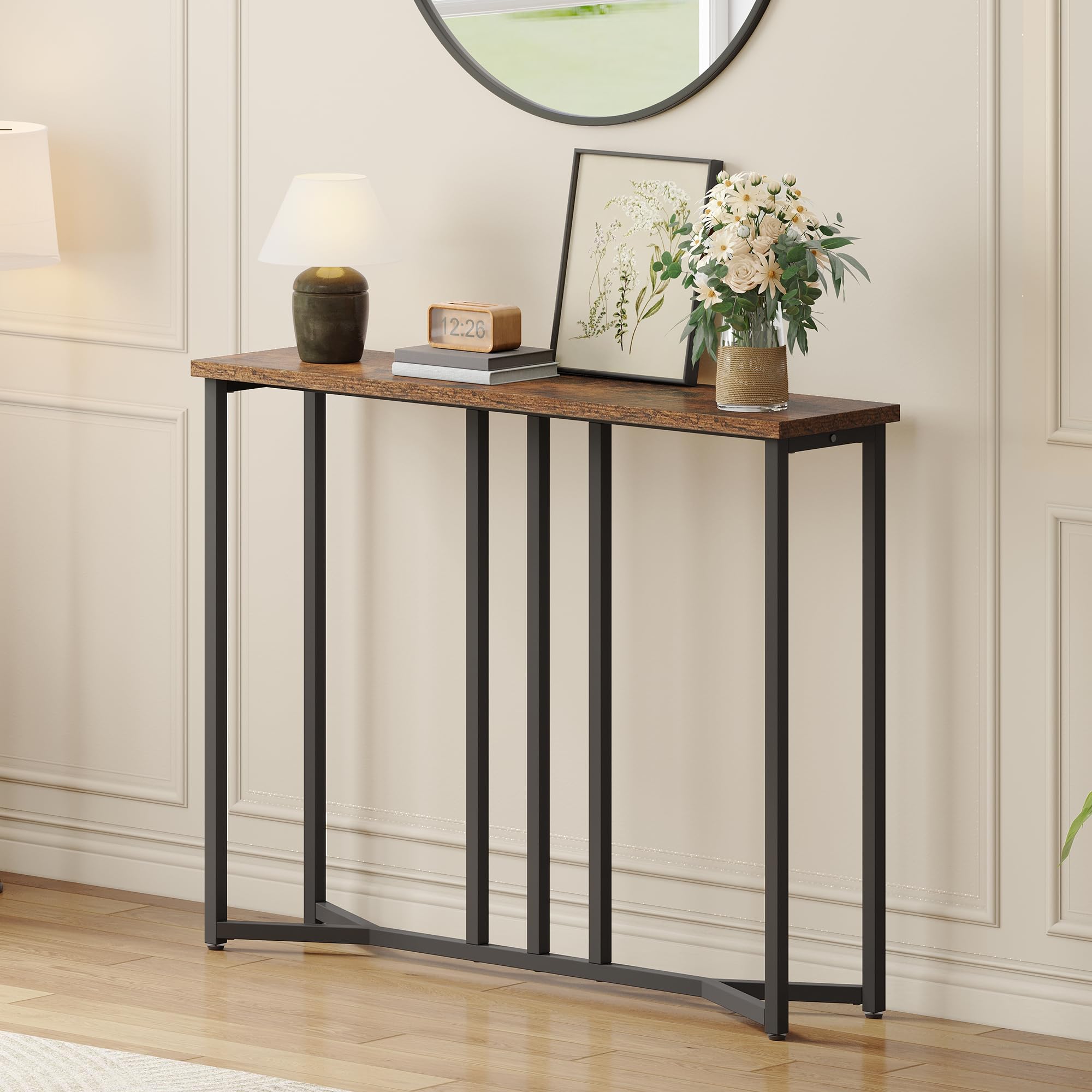 YITAHOME Console Table, 80CM Slim Console Table for Hallway, Metal Frame, Compact Display Table, Sofa Table for Small Spaces, Entryway, Living Room, Sturdy, Rustic Brown and Black